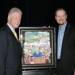 Charles Fazzino presents an original painting to President Bill Clinton for his library foundation.