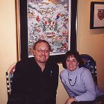 Charles Fazzino and US Olympian Bonnie Blair sign autographs during the 2002 Olympic Games in Salt Lake City, Utah