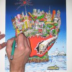 hand holding an exacto knife cutting into colorful 3D pop art piece of NYC and Big Apple - 3D Pop ArtIST Charles Fazzino