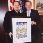 Charles Fazzino visited the offices of President George Bush and presented him with an artwork from the 2004 MLB All-Star Game