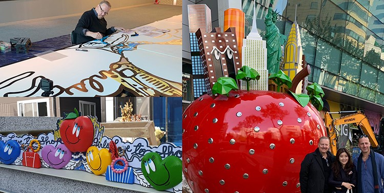 Collage of images - upper left Fazzino working on the installation, lower left is the completed installation. Right image is Fazzino smiling with two people in front of the installation.