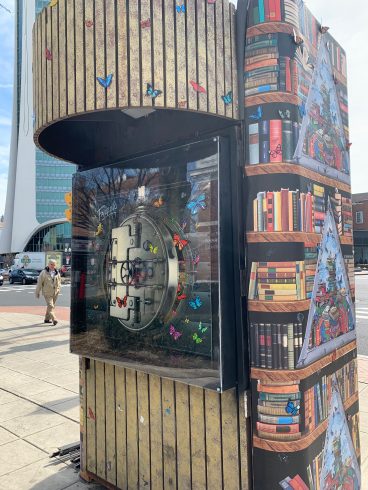 Painted kiosk with books & butterflies.