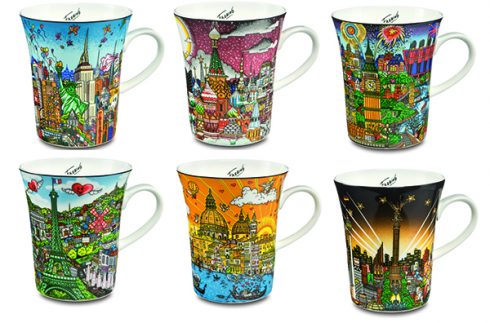 Six mugs featuring Fazzino's cityscapes of New York, Venice, Paris, Moscow, London, Berlin