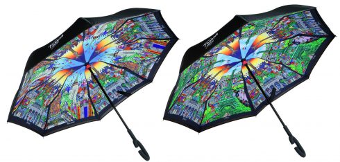 Two umbrellas featuring Fazzino's artwork