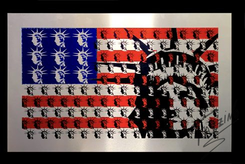 Statue of Liberty and American flag art composed of repetitive lady liberty faces. Die-sublimation on aluminum and embellished with Swarovski crystals.