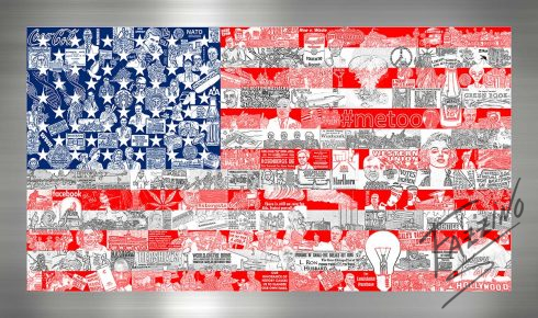 American flag art composed of different historical figures, collaged together, on aluminum.