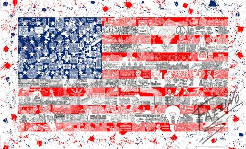 American flag art composed of different historical figures, collaged together with a splatter paint background. 