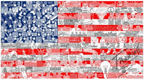 American flag art composed of different historical figures, collaged together.