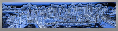 This image is the first mural-sized release from Charles Fazzino since 2015. It's a look at New York City from the East River, taking in the tip of Manhattan all the way up to the George Washington Bridge. This die-sublimation print on aluminum is available in three different variations, this particular variation is different hues of blue.