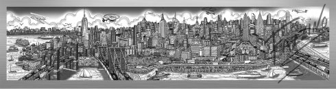 This image is the first mural-sized release from Charles Fazzino since 2015. It's a look at New York City from the East River, taking in the tip of Manhattan all the way up to the George Washington Bridge. This die-sublimation print on aluminum is available in three different variations, this particular variation is in black and white..