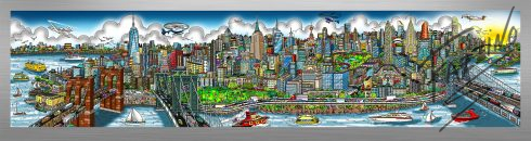 This image is the first mural-sized release from Charles Fazzino since 2015. It's a look at New York City from the East River, taking in the tip of Manhattan all the way up to the George Washington Bridge. This die-sublimation print on aluminum is available in three different variations, this particular variation is very colorful.