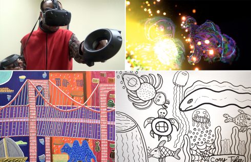 Collage of 4 images, one of a person testing out virtual reality and the other three are different pieces of art work.