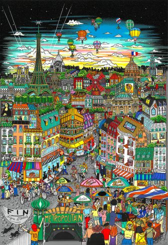 The city street of Paris featuring iconic landmarks and hot air balloons on the horizon