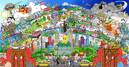 Colorful piece of Fazzino's artwork with NYC as the main feature in the middle with Looney Tunes characters scattered about and other cities from all over the world in the background.