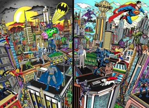 Pieces of art that meld together different generations of super villains, but in classic Fazzino style. Characters like Batman, Superman, the Riddler, Joker, Lex Luther, Brainiac, Poison Ivy, Doomsday, and Darkside are all brought to life.