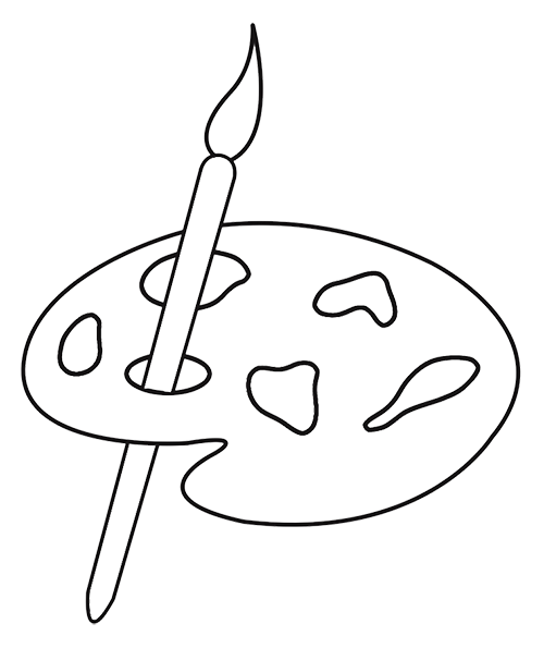 An icon of line art of a color palette and paint brush