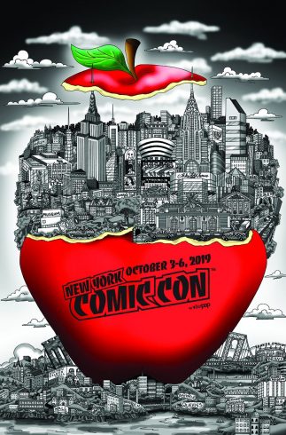 Black and white New York City in an big red apple that says "New York Comic Con October 3-6, 2019"