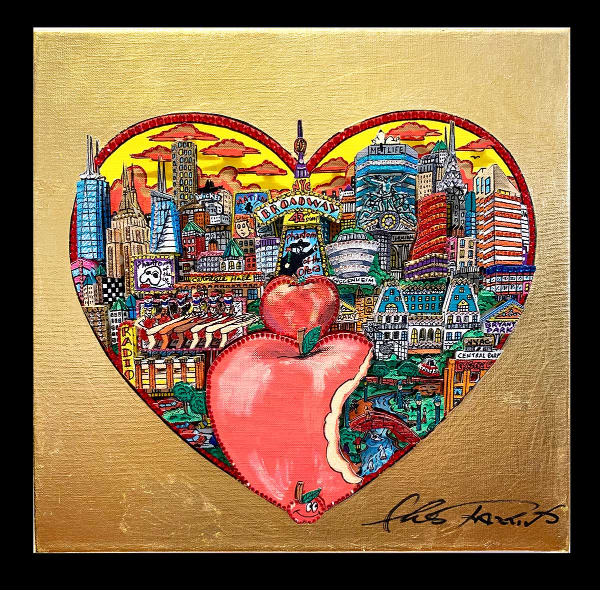 Fazzino's "A Bite Out of the Heart of the Big Apple", 12" x 12" 3D Mixed-Media Original on Canvas 