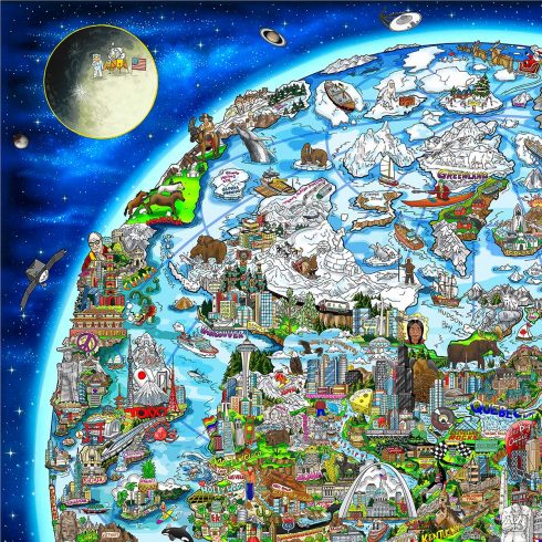 Close up of 3D Pop Artist Charles Fazzinos artwork of the world which highlights prominent figures and icons of peace.