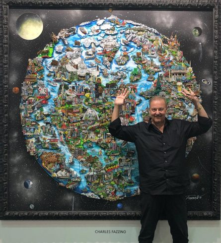 3D Pop Artist Charles Fazzino posing in front of his 8-foot tall art piece at the 2019 Korean International Art Fair.