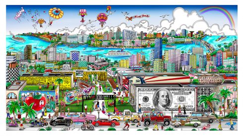 A colorful piece of art depicting a Miami cityscape with series of larger-than-life walls adorned with works that pay tribute to some of Charles and Heather Fazzino's favorite artists.