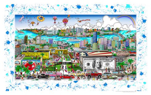 A colorful piece of art depicting a Miami cityscape with series of larger-than-life walls adorned with works that pay tribute to some of Charles and Heather Fazzino's favorite artists. With a splatter paint border.
