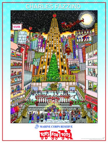 Toys for Tots poster by Charles Fazzino depicting NYC during the holidays.