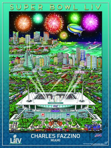 Fazzino's colorful Superbowl LIV poster showing the Hard Rock Stadium in Miami Gardens, Florida and other parts of Florida in the background.