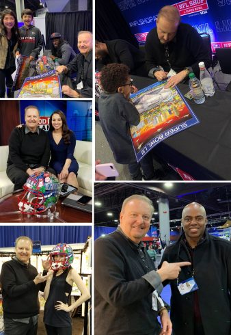 Scenes from at Super Bowl LIII in Atlanta. Fazzino and Desmond Trufont signing posters and Fazzino posing with others.