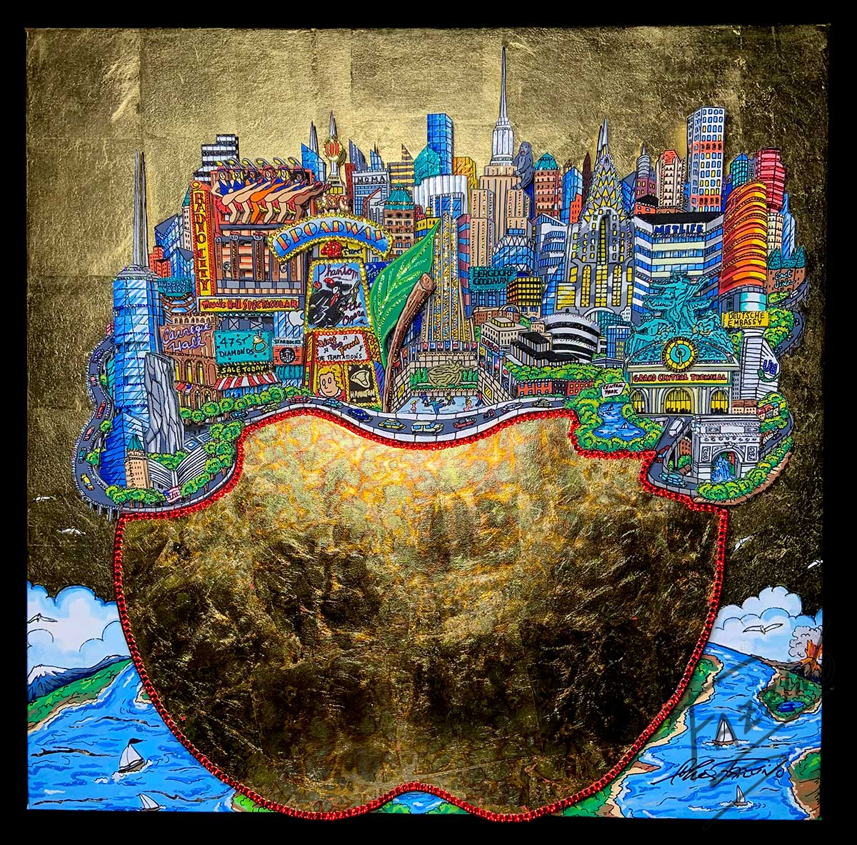 Fazzino's "Gold Leaf Apple" 32" x 32" 3D Mixed-Media Original on Canvas 