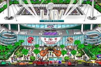 A poster featuring the LIV Super Bowl football stadium, surrounding Miami, and final scores