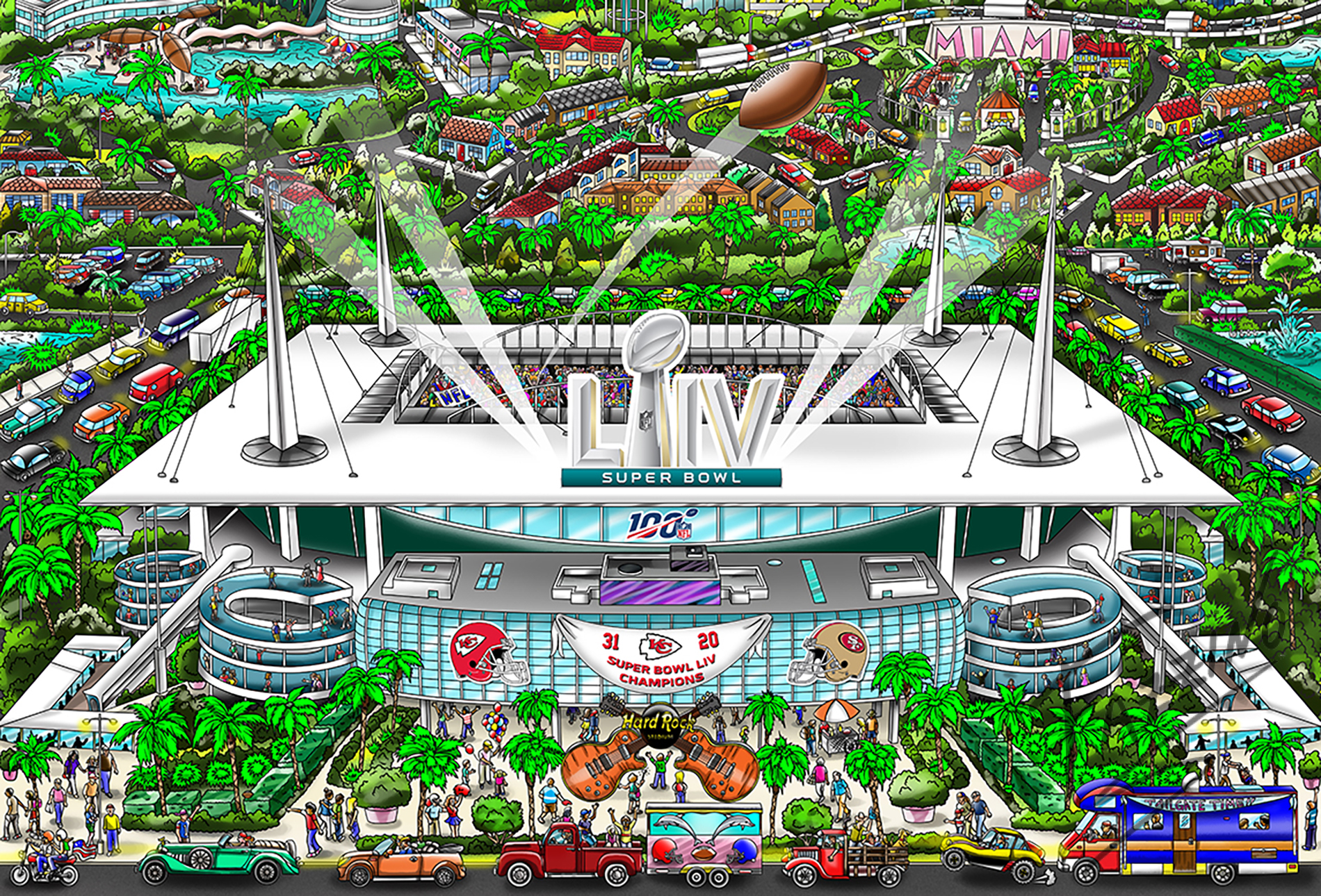 A poster featuring the LIV Super Bowl football stadium, surrounding Miami, and final scores.