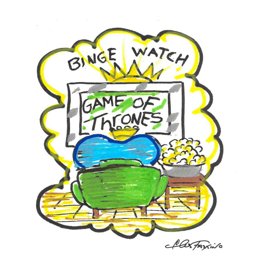 A Fazzino doogle drawing of a heart binge watching game of thrones in color