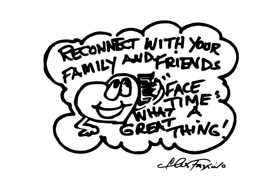 A Fazzino doodle drawing of a heart reconnecting with friends on facetime in black + white