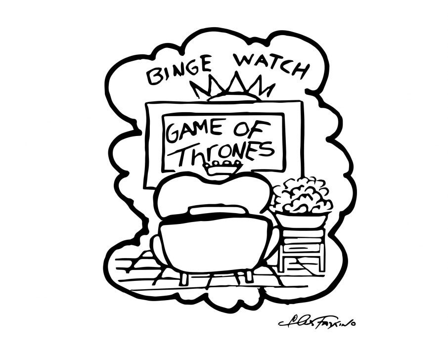 A Fazzino doogle drawing of a heart binge watching game of thrones in black + white