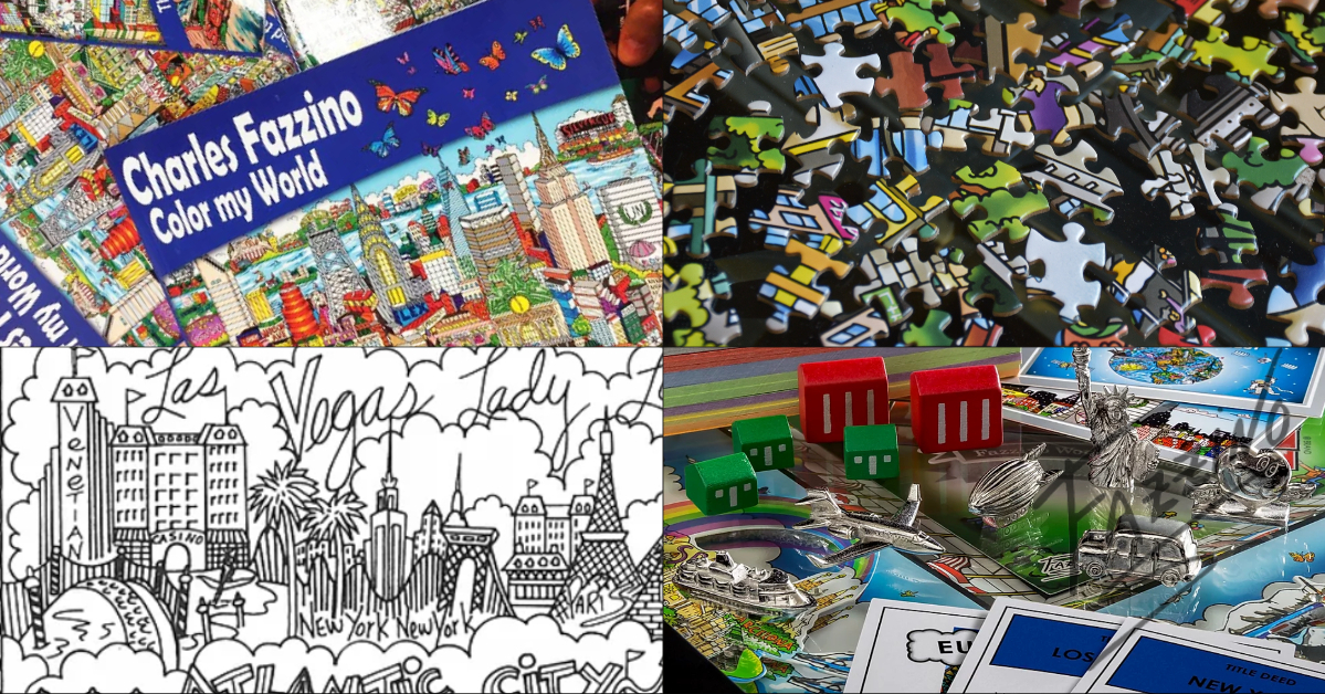 Fazzino's Color my World coloring book, puzzle and Monopoly board game