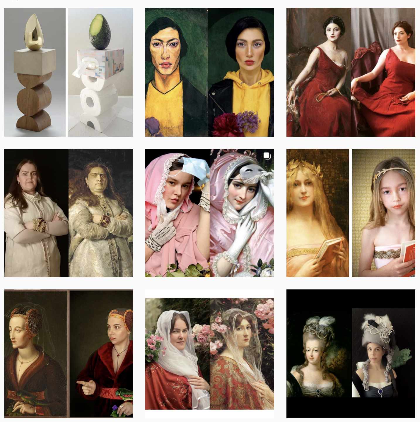 Examples of the #GettyMuseumChallenge where people imitate famous pieces of art!