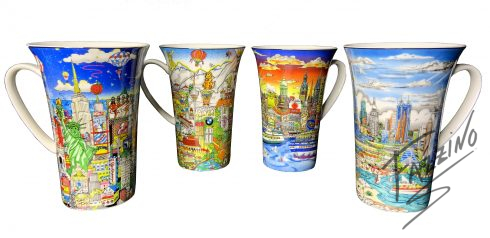 A set of coffee/tea mugs featuring Fazzino 3d pop art cityscapes