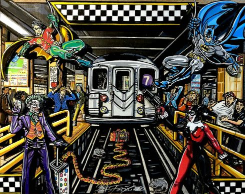 3d pop art of joker, batman, robin and harley quinn in nyc subway station - 3D pop artist Charles Fazzino