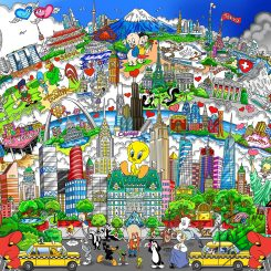 Colorful cityscape with Looney Tunes characters such as bugs bunny, tweety bird, daffy duck, and porky pig all hidden through the city by Charles Fazzion