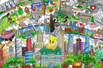Colorful cityscape with Looney Tunes characters such as bugs bunny, tweety bird, daffy duck, and porky pig all hidden through the city by Charles Fazzion