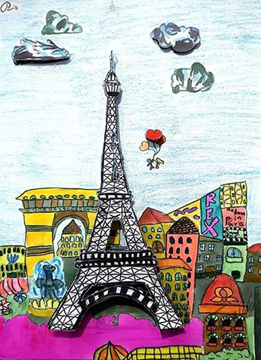 Student artwork of a Eiffel Tower Paris cityscape from a virtual art workshop