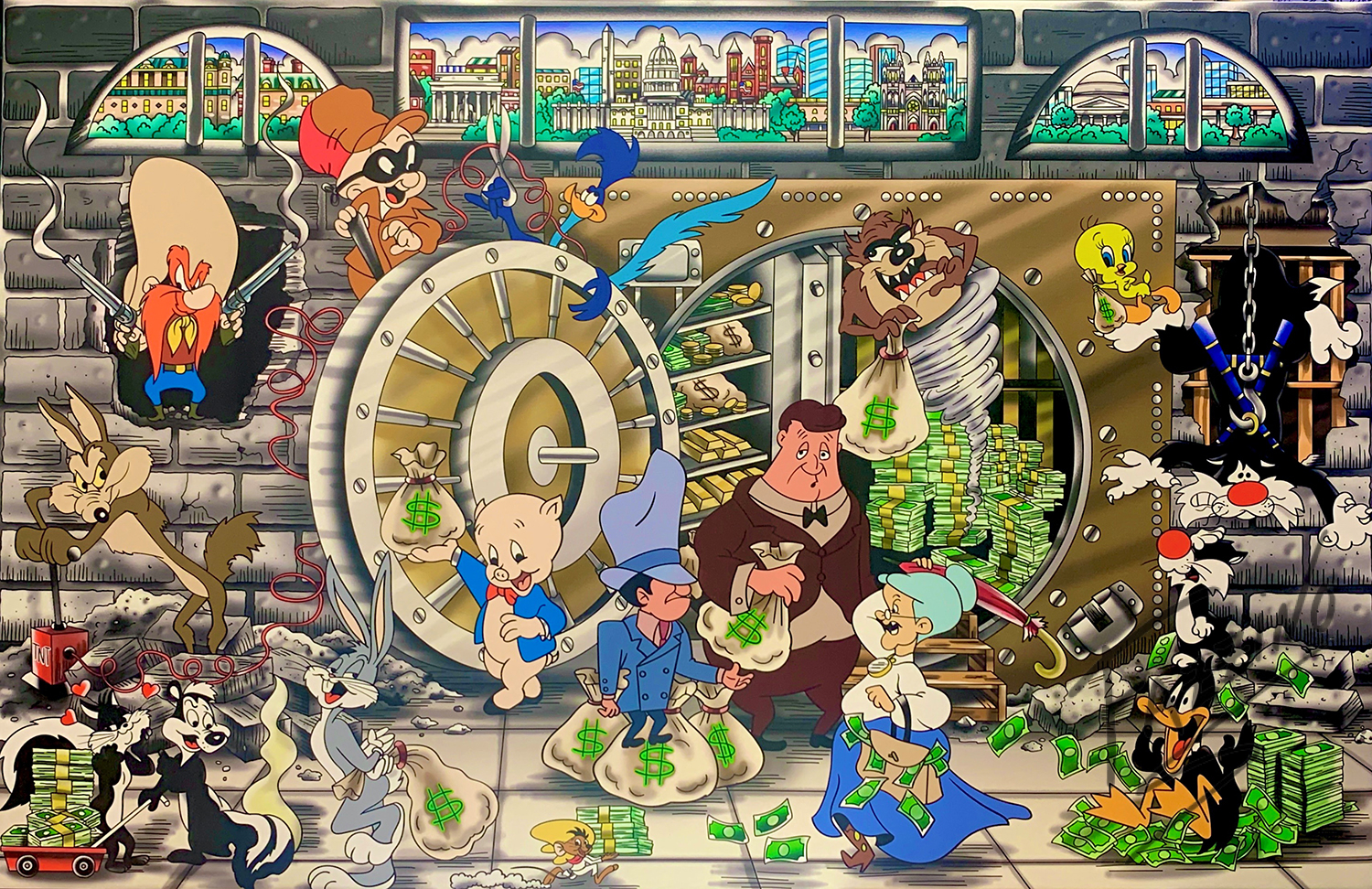 Heather Fazzino's "The Looney Heist" depicts the Looney Tunes characters robbing a bank.