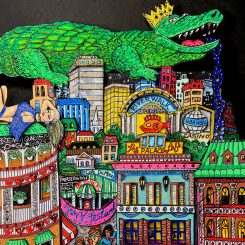 close up of Chrocadile with crown on top of city buildings and close up of Jazz festival 3D pop artwork by Charles Fazzino