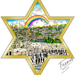 gold star outline with of riainbow and doves flying about the city of Jerusalem - pop artwork by Charles Fazzino