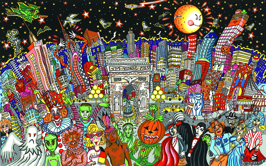 Ghosts, Good Times, and Gridlock is a Fazzino piece showing the annual Greenwich Village Halloween Parade in New York City