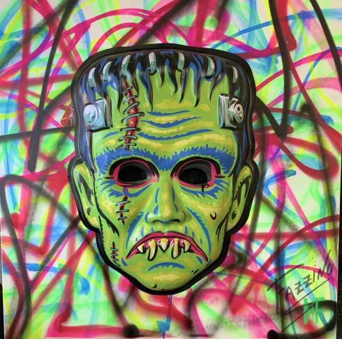 Frankenmask is an original piece on canvas by Heather Fazzino