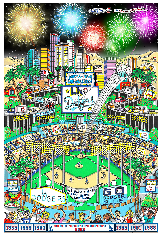 A poster of Dodger Stadium with Los Angeles in the background, and fans celebrating the LA Dodgers World Series win.