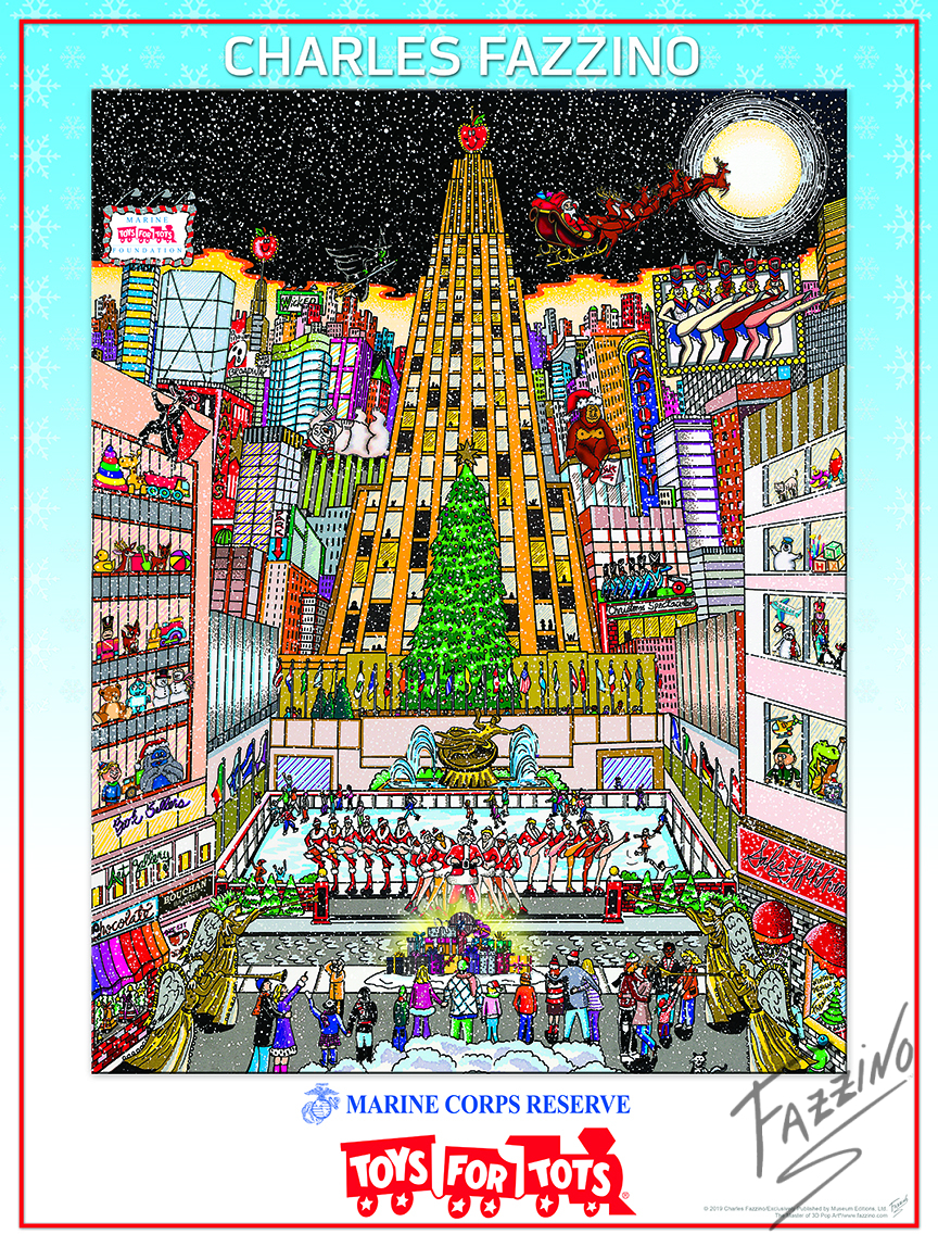 Toys for Tots poster by Charles Fazzino depicting NYC during the holidays.