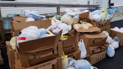 Boxes of donated frozen turkeys